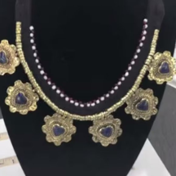 Tribal Collar Choker Stones Necklace, Ethnic Floral Choker Necklace, Statement - Picture 4 of 4